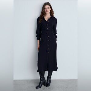 Elegant Dark Navy Button Down Midi Dress Mango Size 4 NWT